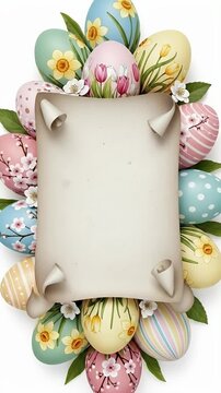 Easter Eggs And Scroll With Flowers Border Festive Spring Celebration
