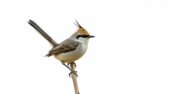 Small bird with crest perched on a thin branch against white background.