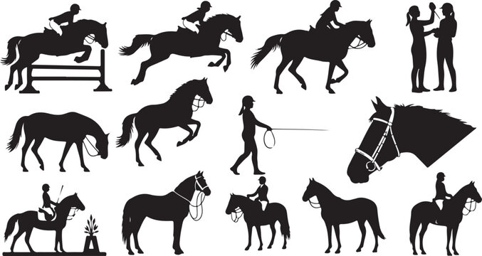 Silhouette collection of equestrian activities and horse breeds horse riding horse jumping