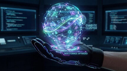 Futuristic digital database infrastructure, glowing holographic data sphere, exabyte cluster, advanced technology, cybernetic glove, optimized data storage, innovation