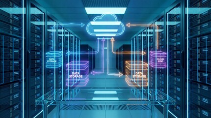 Digital database infrastructure with glowing data storage icons, cloud computing, and network connections in modern server room, representing secure and efficient data management