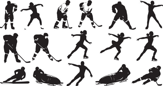 Silhouettes of athletes participating in winter sports like ice hockey figure skating and bobsledding on a white background