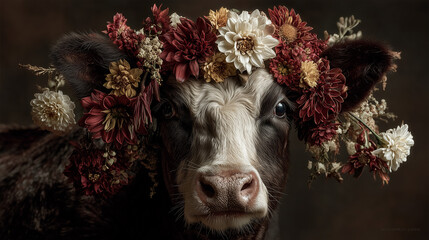 Portrait of calf wearing floral crown, artistic lighting, fairytale mood, dark background, elegant rustic style.
