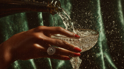 Female hand holding crystal glass while drink is poured, sparkling splashes create luxurious cinematic atmosphere.
