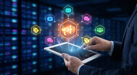 Businessman interacting with digital marketing icons on tablet