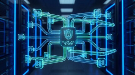 Secure data network digital database infrastructure server room glowing blue lines cybersecurity technology futuristic data protection information flow network connection encryption IT