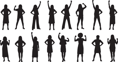 Silhouettes of women with raised fists and hands on hips vector illustration
