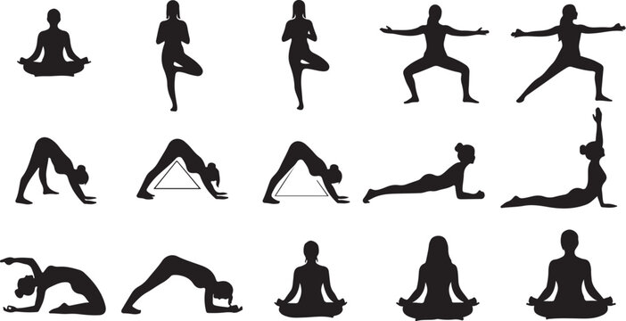 Silhouettes of women performing various yoga poses on a white background Keywords: yoga, woman, silhouette, pose, exercise, fitness, health, wellness, flexibility, stretching, meditation, balance