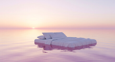 Luxury sleep concept with a white bed floating on pastel pink water, serene horizon, smooth water reflections, soft morning light, minimalism and tranquility, modern surreal aesthetic, premium lifesty