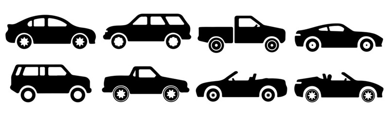 Naklejka premium Vector collection of various car vehicle set on white background, car, cars, vehicle, transportation, automobile, set, truck, silhouette.