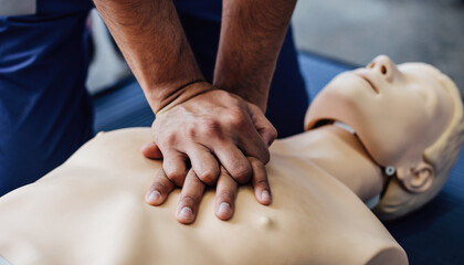 Close-up of hands performing chest compressions on a CPR training mannequin, simulating emergency life-saving techniques