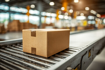 A single sealed cardboard parcel moving along a metal roller conveyor in a brightly lit modern industrial warehouse environment for shipping and packaging operations