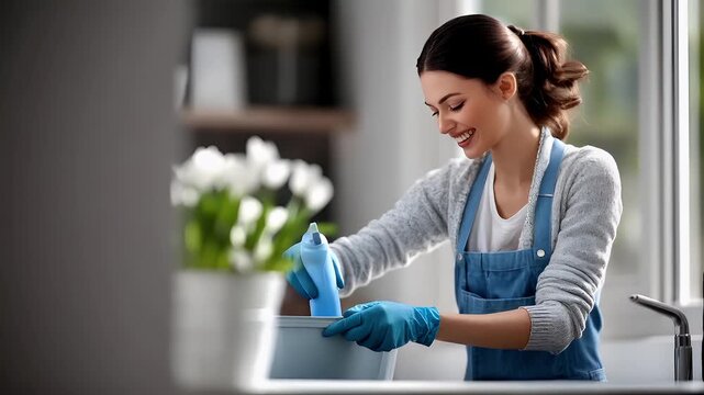 Spring cleanup. Recycling. Seasonal theme. woman in blue apron and rubber gloves cleaning a white bucket with a spray bottle in a kitchen setting.