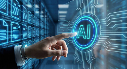 Businessman interacting with futuristic AI interface in modern server room