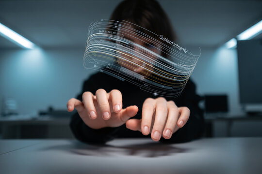 Woman interacting with futuristic system integrity interface in modern office
