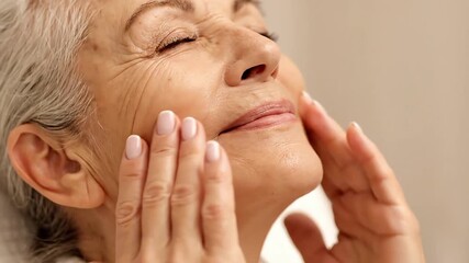 Happy 50s middle aged mature woman touching facial skin looking at camera pampering in mirror. Old healthy dry skin care beauty concept, skincare treatment, cosmetics and anti age plastic surgery.