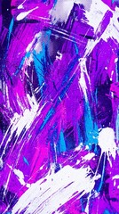 Dynamic neon purple and blue grunge brush stroke background. Bold abstract paint strokes with halftone texture. Expressive grainy splashes for poster, banner and template design. Vertical bg