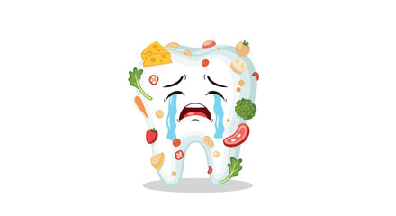 Fototapeta premium Sad cartoon tooth character cries as many different types of food particles are stuck all over its white surface.