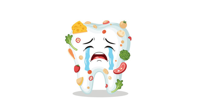 Sad cartoon tooth character cries as many different types of food particles are stuck all over its white surface.
