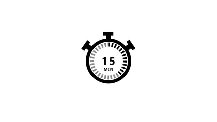 A simple black stopwatch indicating fifteen minutes with a segmented dial on a white background, representing time measurement and countdowns in a clean, modern style