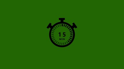 A black stopwatch displaying fifteen minutes is centered on a solid deep green background, symbolizing time management, deadlines, or scheduled events with a distinct color contrast - Powered by Adobe