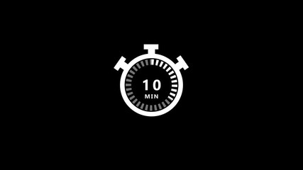 A white stopwatch with a segmented dial displaying ten minutes is positioned on a black background, serving as a clear symbol for time tracking and countdowns