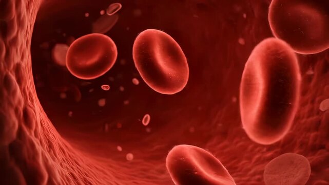 Blood cells flow through vessel in medical animation. Red cells move inside blood vessel system. Circulatory flow shows blood cells in vessel. Medical view of red blood cell circulation in vessel.