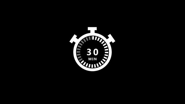 White stopwatch displaying thirty minutes with a progress segment, set against a deep black background, illustrating time constraints or durations