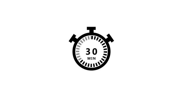 Simple black and white of a stopwatch displaying thirty minutes with a segmented dial and clear numerical indication on a plain white background, representing timekeeping and duration