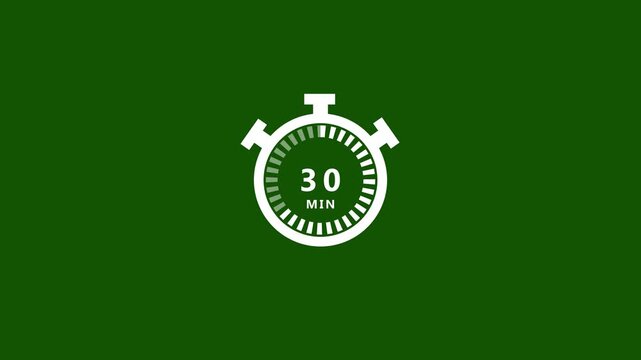 White stopwatch showing thirty minutes with a progress indicator, placed on a solid dark green background, representing time duration or a countdown