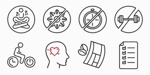 Fototapeta premium Lifestyle icons represent a balanced approach to daily routines, showing concepts such as rest, avoiding stress, managing time, moderate activity, passion, and task planning.