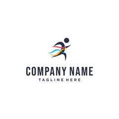 A modern and dynamic logo design. The logo depicts the silhouette of a running human figure, depicted abstractly with simple shapes and curved lines. The body features red, blue, and yellow ribbon acc