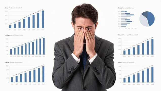 man suit covering face hands standing front white background graphs pie chart