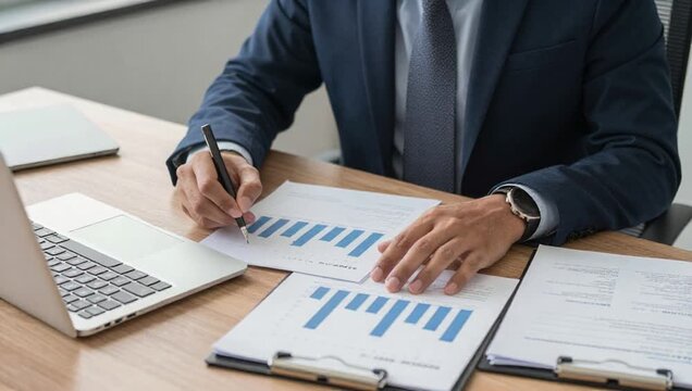 man suit sitting desk laptop papers spread front holding pen hand window