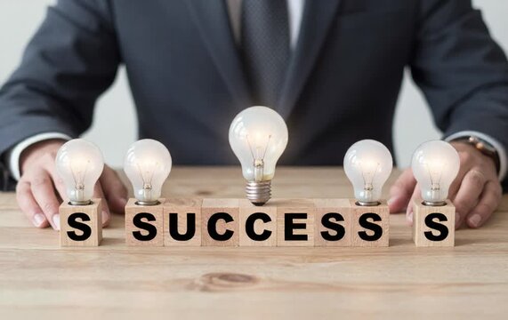 man suit sitting table light bulbs top surrounded wooden blocks word written backg