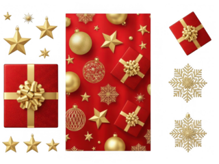 Elegant christmas gift wrapping with gold decorations isolated on transparent background