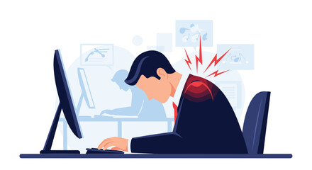 Businessman working at a computer experiencing sharp back and shoulder pain due to poor posture or long hours.