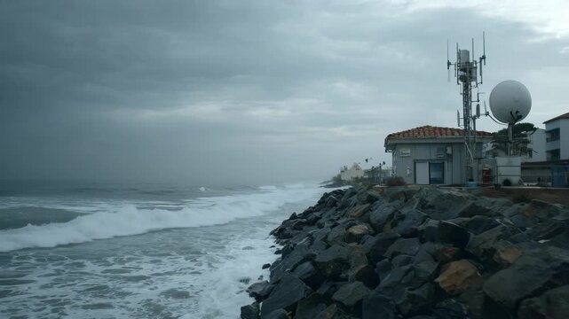 Medium shot capturing coastal emergency broadcast station near shoreline emphasizing critical alerts for maritime and weather warnings.