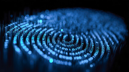 Digital spiral of glowing blue binary code data points forming a futuristic technology concept with depth and perspective on dark background