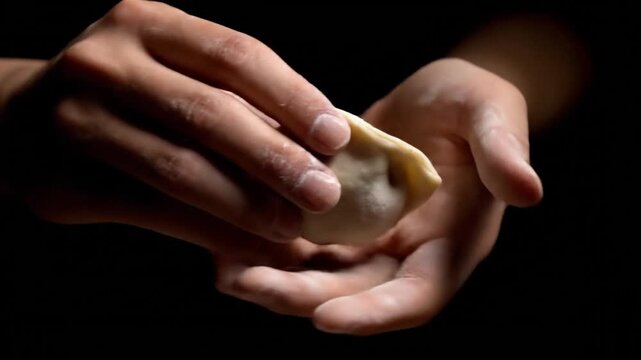 Close-up of flour-dusted hands meticulously shaping a raw dumpling against a dark background, highlighting the traditional art of food preparation.