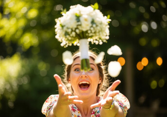 Joyful woman with brown hair, wearing floral dress, joyfully tossing bouquet of flowers in the air, surrounded by greenery and soft bokeh lights, celebrating a special occasion