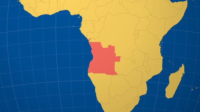Angola on Globe. Animated zoom into the country in Ocean Blue Golden Yellow color palette. Angola logo animation. Map with meridians, parallels. Classic video.