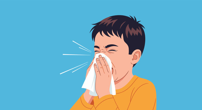 Young boy sneezing into a white tissue representing a cold, flu, allergy, or respiratory infection symptoms.