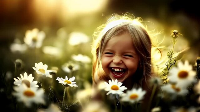 A young girl is captured in a candid moment amidst a field of daisies. The sun casts a warm, golden hue over the scene, creating a dreamy atmosphere. The girls face is the focal point.