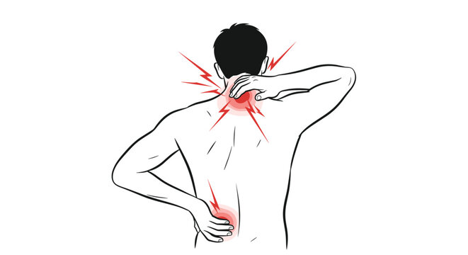 Shirtless man from behind showing red pain spots on his neck and lower back indicating muscle strain or injury.