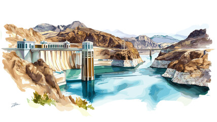 Hoover Dam. Hoover Dam hand drawn watercolor illustration