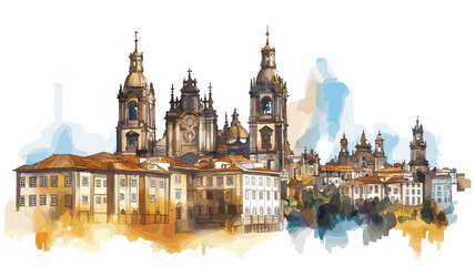 Fototapeta premium Santiago de Compostela Cathedral. Santiago de Compostela Cathedral watercolor vector illustration