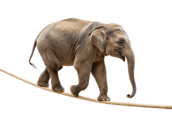 Baby elephant balancing carefully on tightrope, concentrated expression, side view perspective, isolated on a transparent background