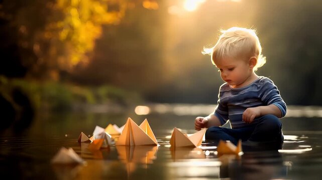 A young child is engrossed in playing with paper boats in a serene water setting. The sun casts a warm, golden hue over the scene, creating a tranquil atmosphere.