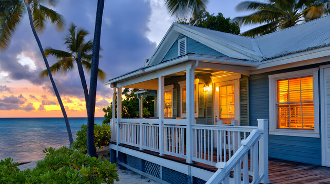 cottage. Tropical beach cottage at sunset with warm light accentuating architectural features. inspiring travel planning.